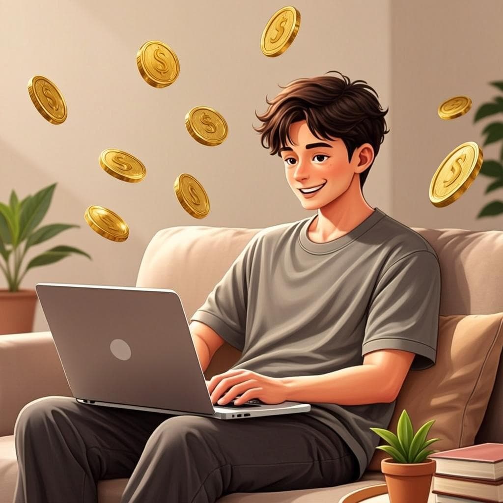 Person with laptop surrounded by coins and a growing plant